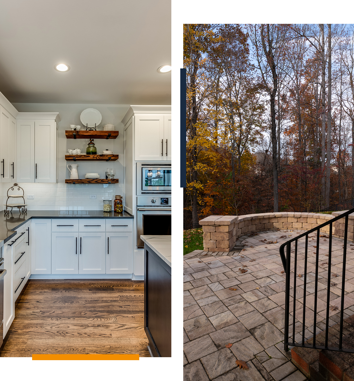Modern kitchen and outdoor patio with trees.